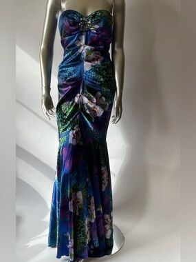 Cache Blue and Green Floral Ruched Mermaid Gown